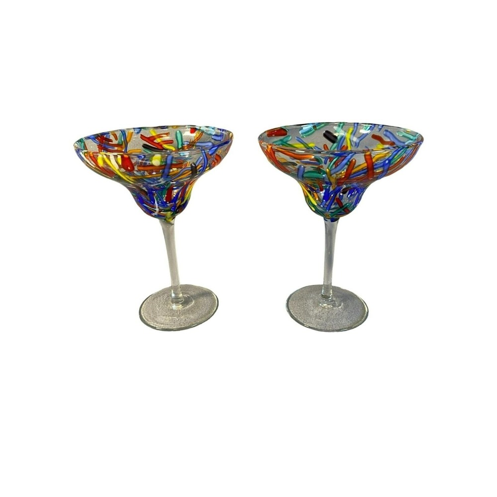 2 Pier One Confetti Swirl Design Hand-Painted Glasses For Wild Margarita Nights